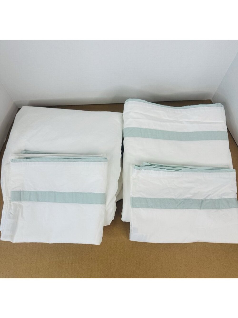 Pottery Barn Full Organic Sheet Set White Green Sage Stripe 4pc Fitted Flat